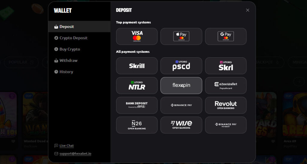 hexabet-casino-payment-methods
