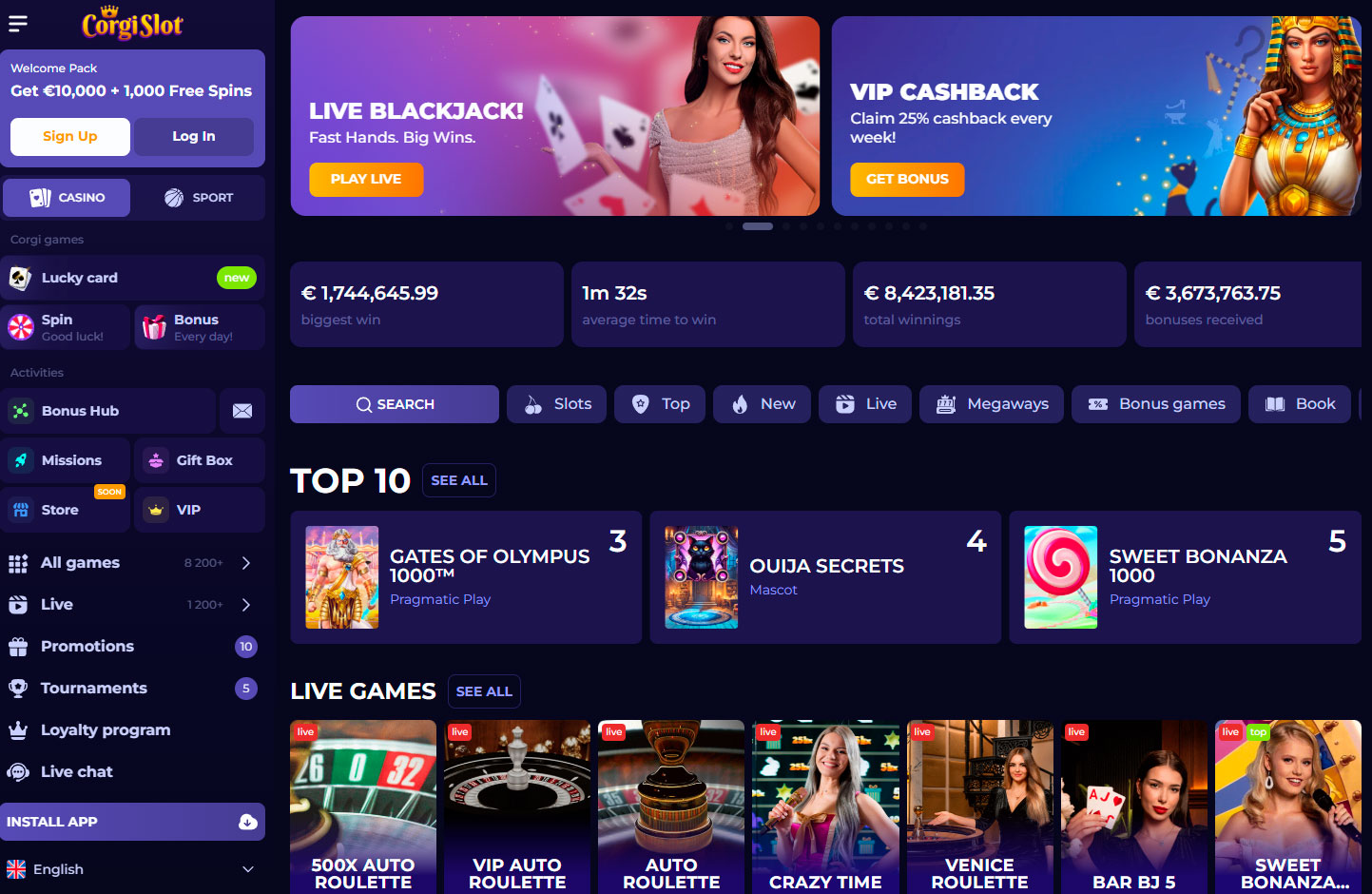 Corgislot casino main page