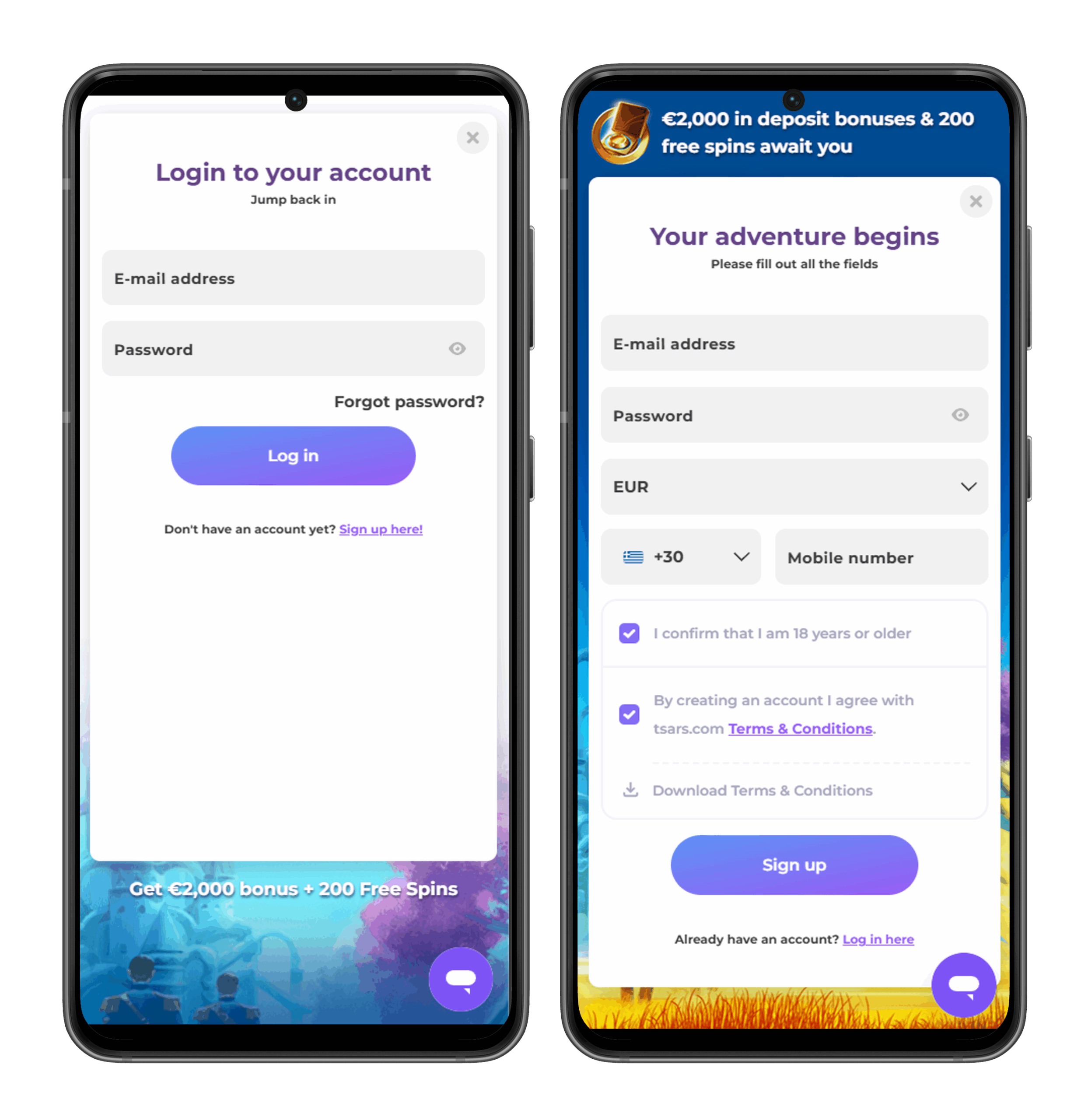 Mobile app login Tsars Casino