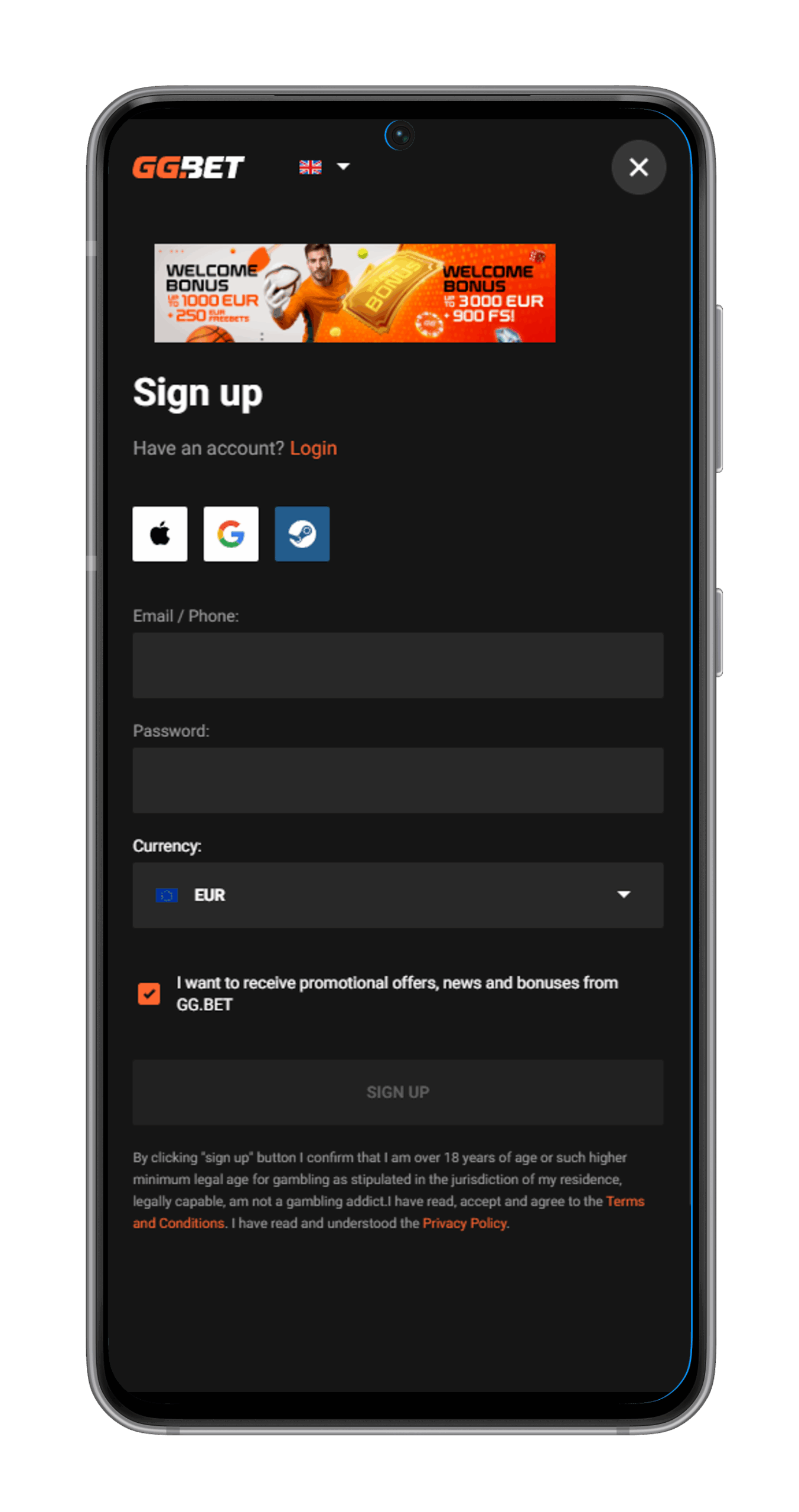 Sign up GGbet Mobile app
